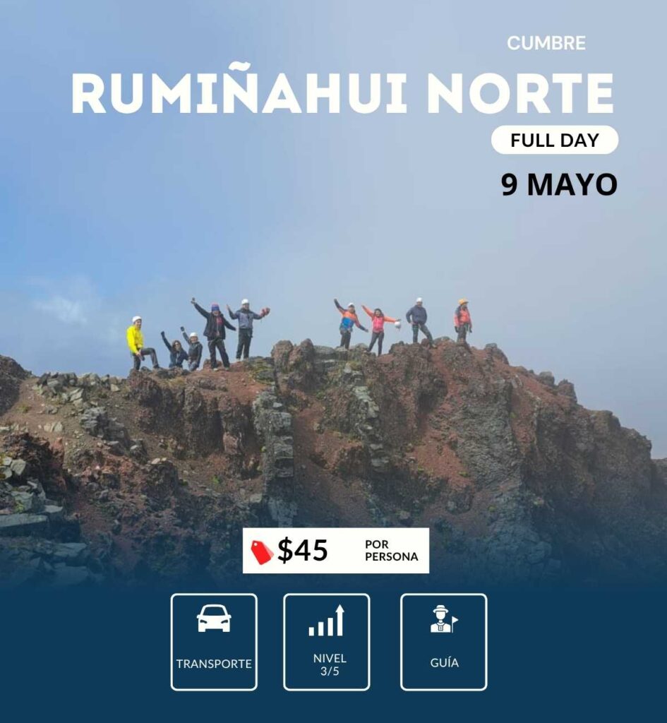 Montañistas ascendiendo el Rumiñahui Norte con vista al Cotopaxi